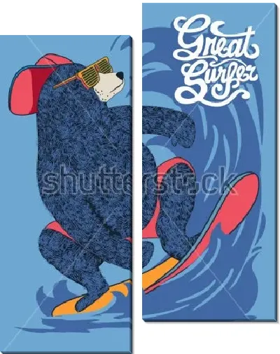 Модульная картина Медведь в кепке и защитных очках катается по волнам на доске для сёрфинга