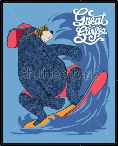 Картина Медведь в кепке и защитных очках катается по волнам на доске для сёрфинга