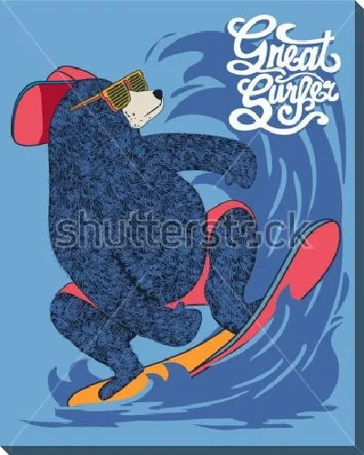 Постер Медведь в кепке и защитных очках катается по волнам на доске для сёрфинга