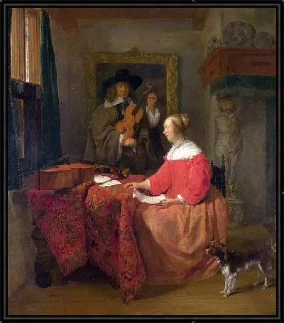 Женщина сидящая за столом и человек настраивающий скрипку (A Woman seated at a Table and a Man tuning a Violin)