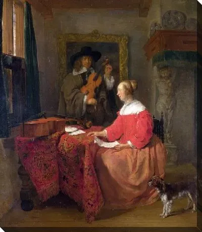 Картина Женщина сидящая за столом и человек настраивающий скрипку (A Woman seated at a Table and a Man tuning a Violin)