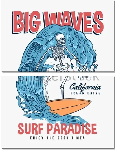 Модульная картина Яркий плакат со скелетом на доске для сёрфинга, поймавшим большую волну, и словами - большая волна рай для сёрфинга