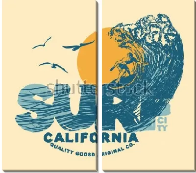 Модульная картина Яркая иллюстрация сёрфера на большой волне, на фоне солнца и чаек