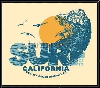 Яркая иллюстрация сёрфера на большой волне, на фоне солнца и чаек