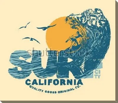 Яркая иллюстрация сёрфера на большой волне, на фоне солнца и чаек