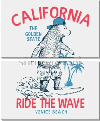 Модульная картина Плакат с медведем на доске для сёрфинга на фоне пальм и надписи - оседлай волну