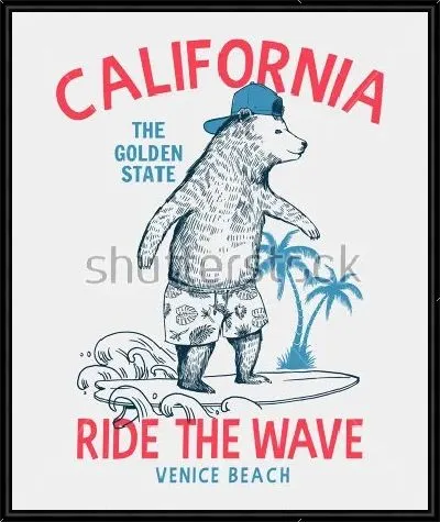 Картина Плакат с медведем на доске для сёрфинга на фоне пальм и надписи - оседлай волну