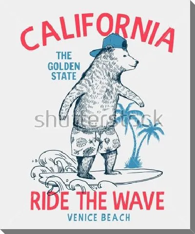 Постер Плакат с медведем на доске для сёрфинга на фоне пальм и надписи - оседлай волну