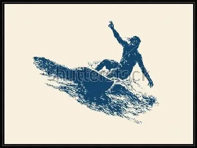 Иллюстрация сёрфингиста на доске, плывущего по волне