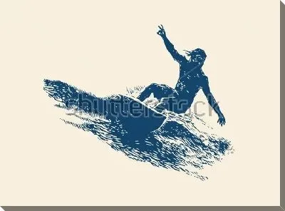 Иллюстрация сёрфингиста на доске, плывущего по волне