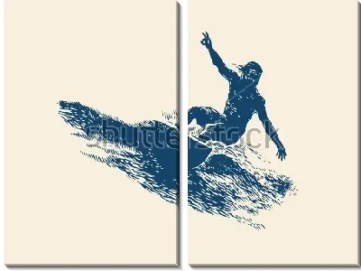 Иллюстрация сёрфингиста на доске, плывущего по волне