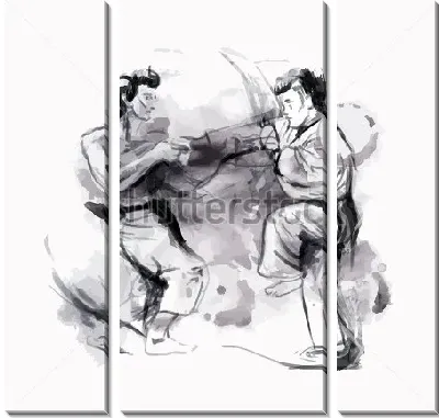 Модульная картина Чёрно-белая иллюстрация поединка двух каратистов