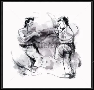 Картина Чёрно-белая иллюстрация поединка двух каратистов