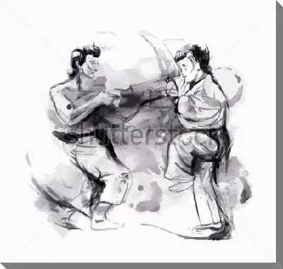 Чёрно-белая иллюстрация поединка двух каратистов