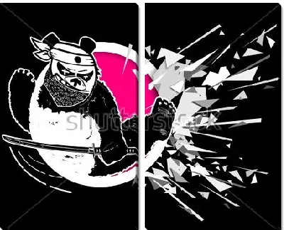 Модульная картина Забавная панда-каратист выпрыгивает из круга, разбивая на мелкие осколки стекло