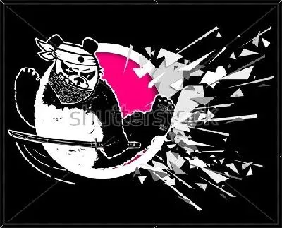 Забавная панда-каратист выпрыгивает из круга, разбивая на мелкие осколки стекло