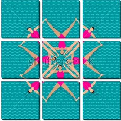 Модульная картина Яркая иллюстрация с командой девушек, выполняющих сложный элемент синхронного плавания