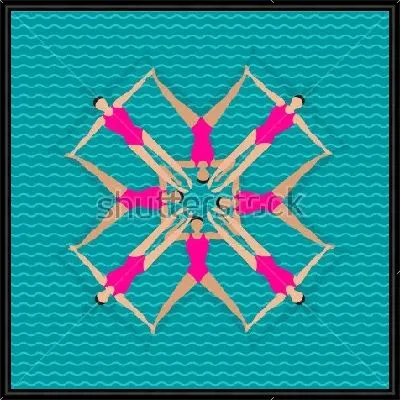 Яркая иллюстрация с командой девушек, выполняющих сложный элемент синхронного плавания