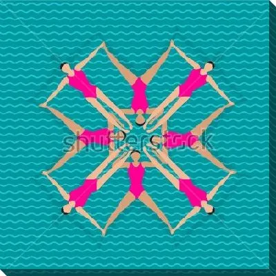 Яркая иллюстрация с командой девушек, выполняющих сложный элемент синхронного плавания