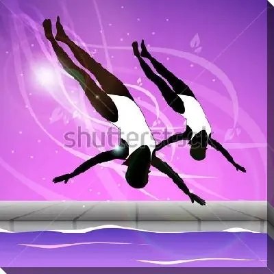 Дуэт девушек выполняет синхронный прыжок в воду