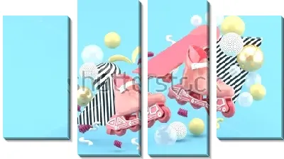 Модульная картина Красочный коллаж из геометрических фигур, скейтборда и роликовых коньков на голубом фоне