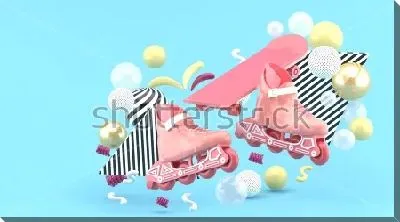 Красочный коллаж из геометрических фигур, скейтборда и роликовых коньков на голубом фоне