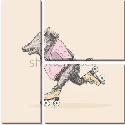 Модульная картина Весёлый кабан в свитере катается на роликовых коньках