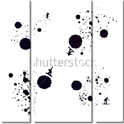 Модульная картина Монохромный коллаж из круглых клякс и чернильных брызг со сноубордистами и лыжниками