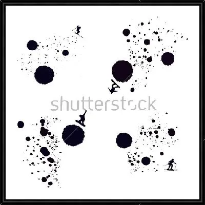 Картина Монохромный коллаж из круглых клякс и чернильных брызг со сноубордистами и лыжниками