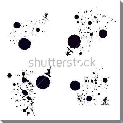 Монохромный коллаж из круглых клякс и чернильных брызг со сноубордистами и лыжниками