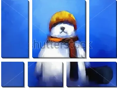 Модульная картина Акварельная иллюстрация с белым медведем сноубордистом на синем фоне