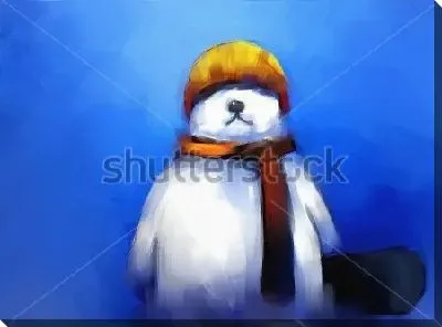 Акварельная иллюстрация с белым медведем сноубордистом на синем фоне