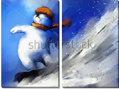 Модульная картина Динамичная акварельная иллюстрация с медвежонком сноубордистом, мчащимся на высокой скорости с горы