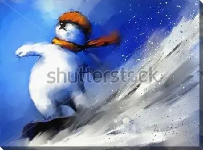 Динамичная акварельная иллюстрация с медвежонком сноубордистом, мчащимся на высокой скорости с горы