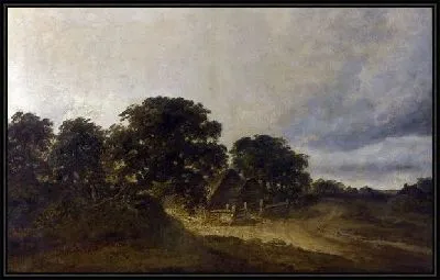 Пейзаж с деревьями, зданиями и дорогой