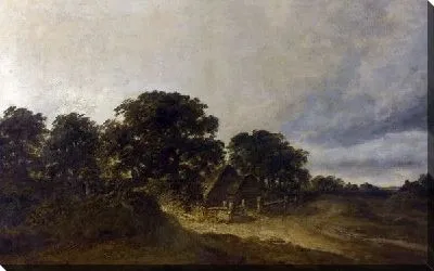 Пейзаж с деревьями, зданиями и дорогой