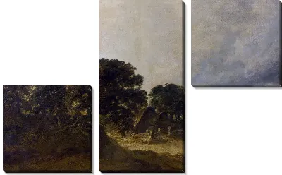 Пейзаж с деревьями, зданиями и дорогой