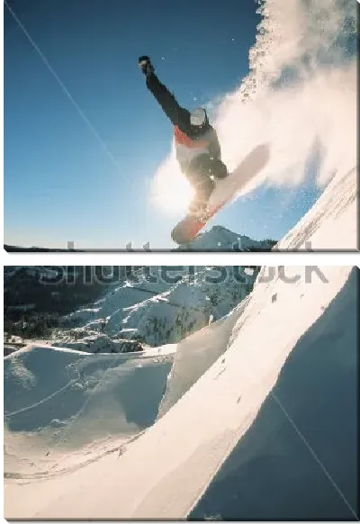 Модульная картина Сноубордист парит в воздухе в момент эффектного прыжка с высокой горы на фоне прекрасного заснеженного пейзажа