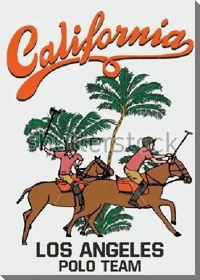 Постер Красочный плакат с игроками конного поло на фоне пальм и надписей