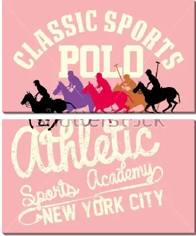 Модульная картина Красочный плакат с разноцветными силуэтами игроков конного поло на фоне надписей