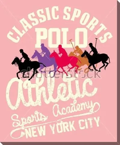 Постер Красочный плакат с разноцветными силуэтами игроков конного поло на фоне надписей