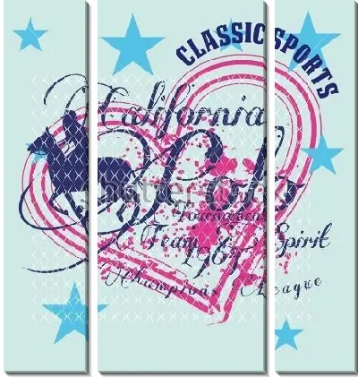 Модульная картина Красочный коллаж на тему конного поло - силуэт игрока на фоне абриса сердца, звёзд, сетки из ромбов и надписей