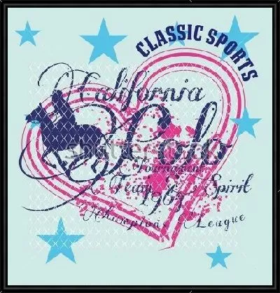 Картина Красочный коллаж на тему конного поло - силуэт игрока на фоне абриса сердца, звёзд, сетки из ромбов и надписей