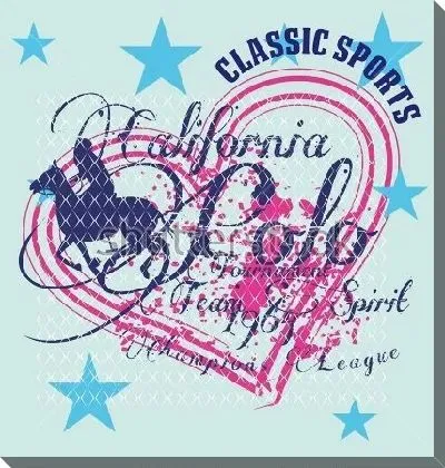 Красочный коллаж на тему конного поло - силуэт игрока на фоне абриса сердца, звёзд, сетки из ромбов и надписей