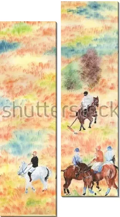 Модульная картина Акварельная иллюстрация с игроками конного поло в поле