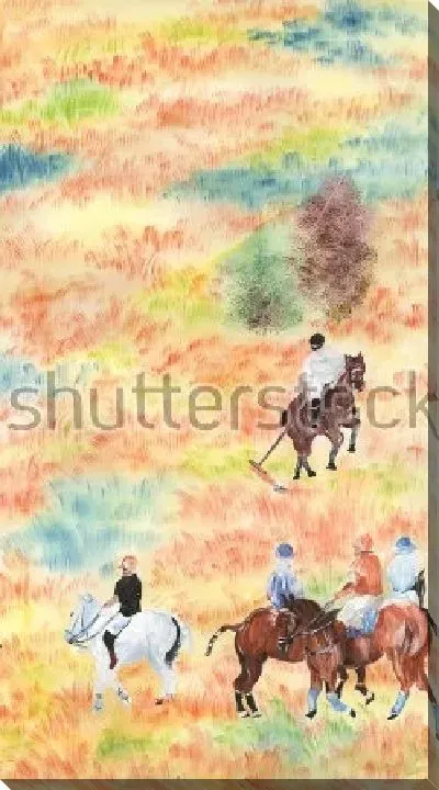 Постер Акварельная иллюстрация с игроками конного поло в поле