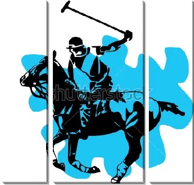 Иллюстрация с чёрным силуэтом игрока конного поло на синем бесформенном фоне