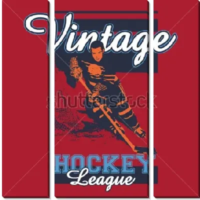Модульная картина Яркий плакат в винтажном стиле с хоккеистом и надписями