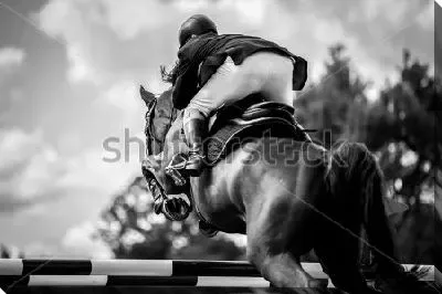 Постер Жокей на лошади прыгает через барьер