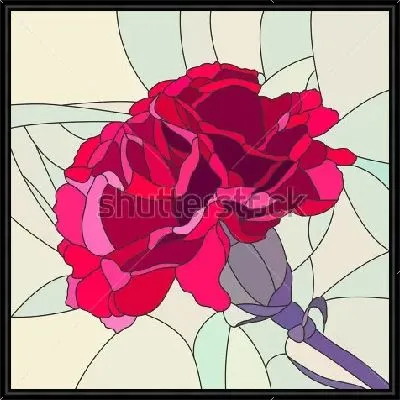 Яркая витражная иллюстрация с ярко-красным цветком гвоздики на бледно-зелёном фоне